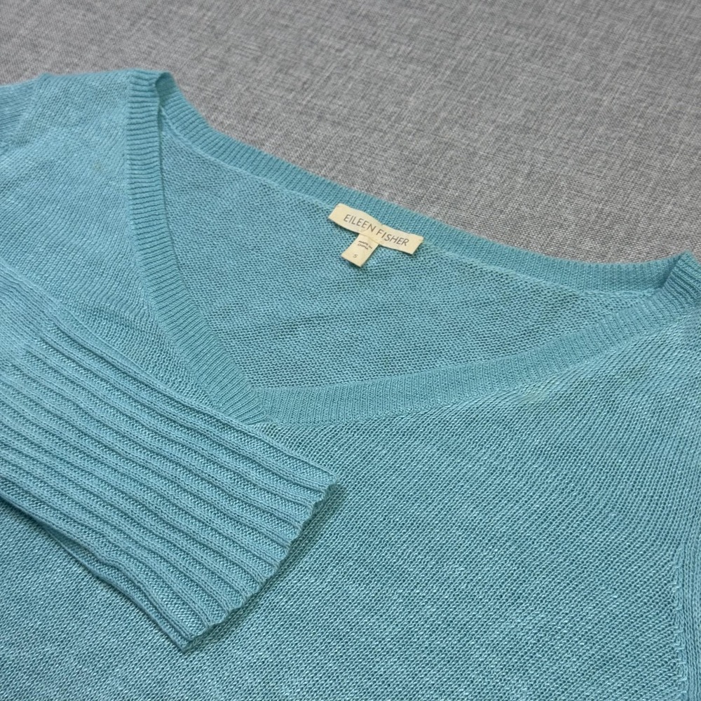 Eileen Fisher Sweater Womens S Blue V-Neck Linen‎ Open-Knit Lightweight